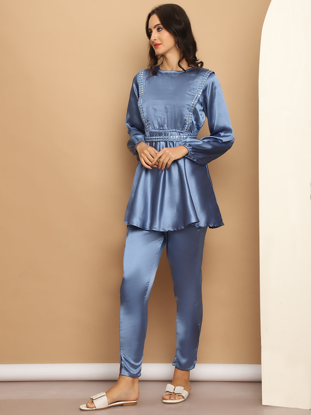 Womens Embroidered A Line Top And Trouser With Belt Injncs