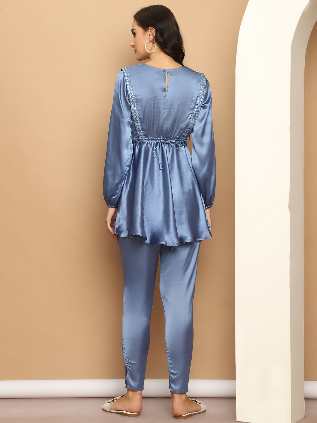 Womens Embroidered A Line Top And Trouser With Belt Injncs