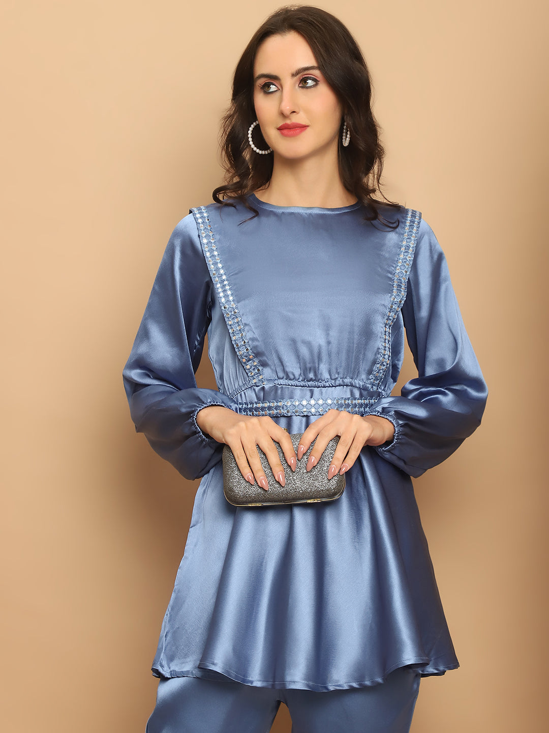 Womens Embroidered A Line Top And Trouser With Belt Injncs