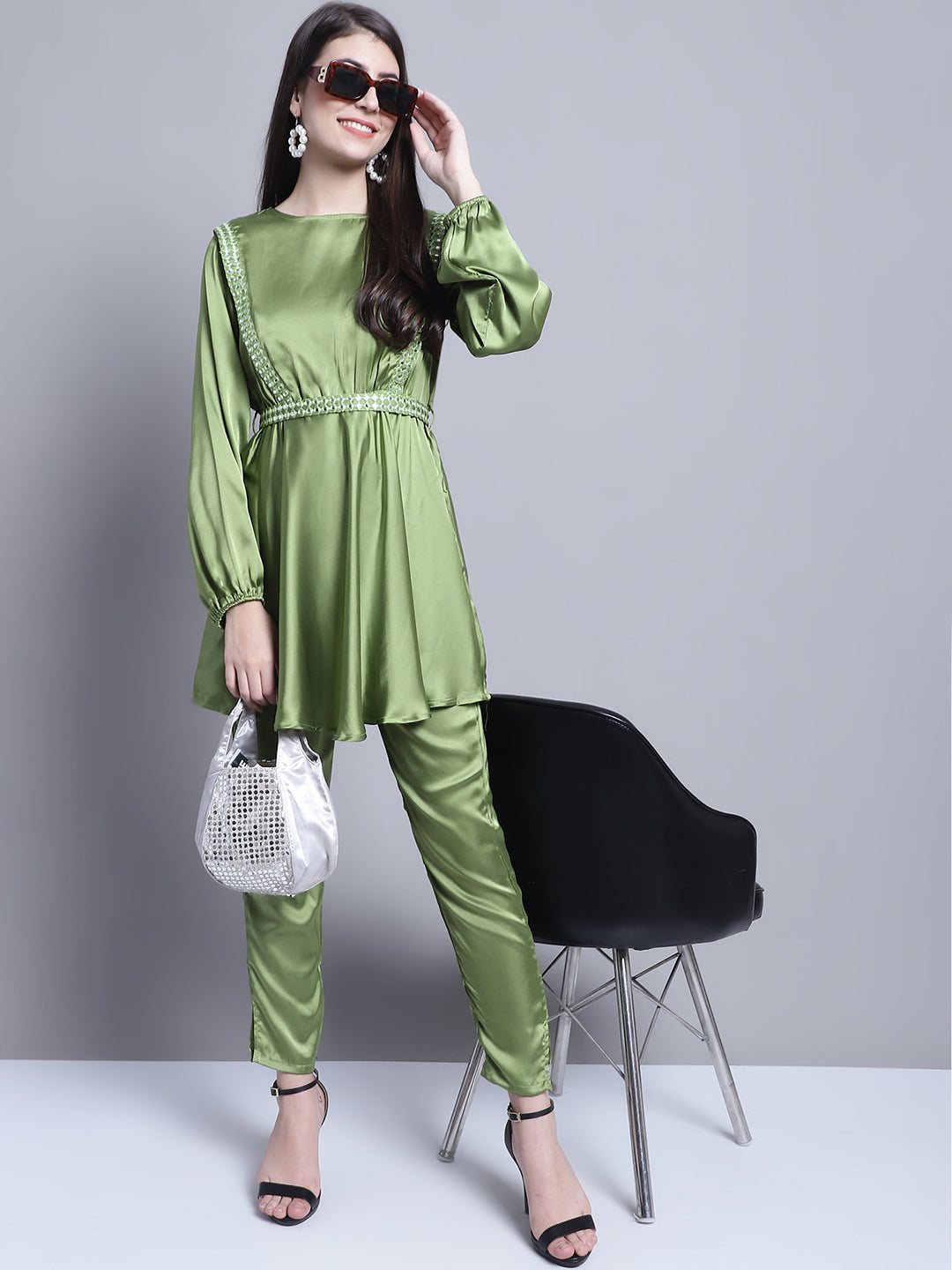 Womens Embroidered A Line Top And Trouser With Belt