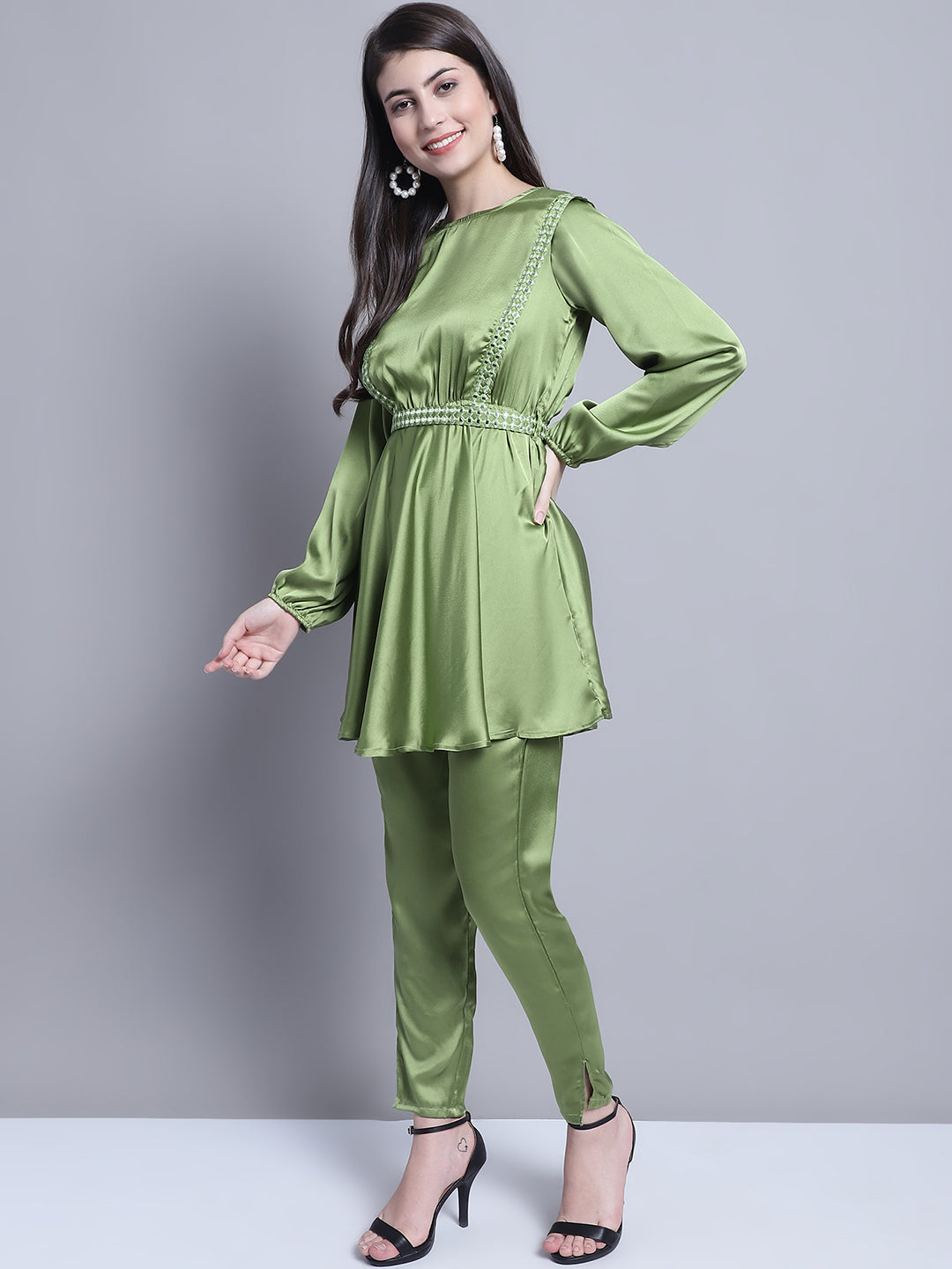 Womens Embroidered A Line Top And Trouser With Belt