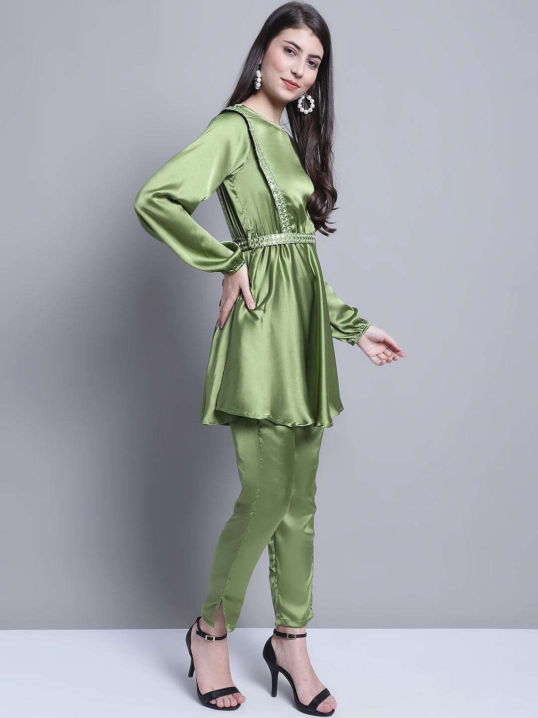 Womens Embroidered A Line Top And Trouser With Belt