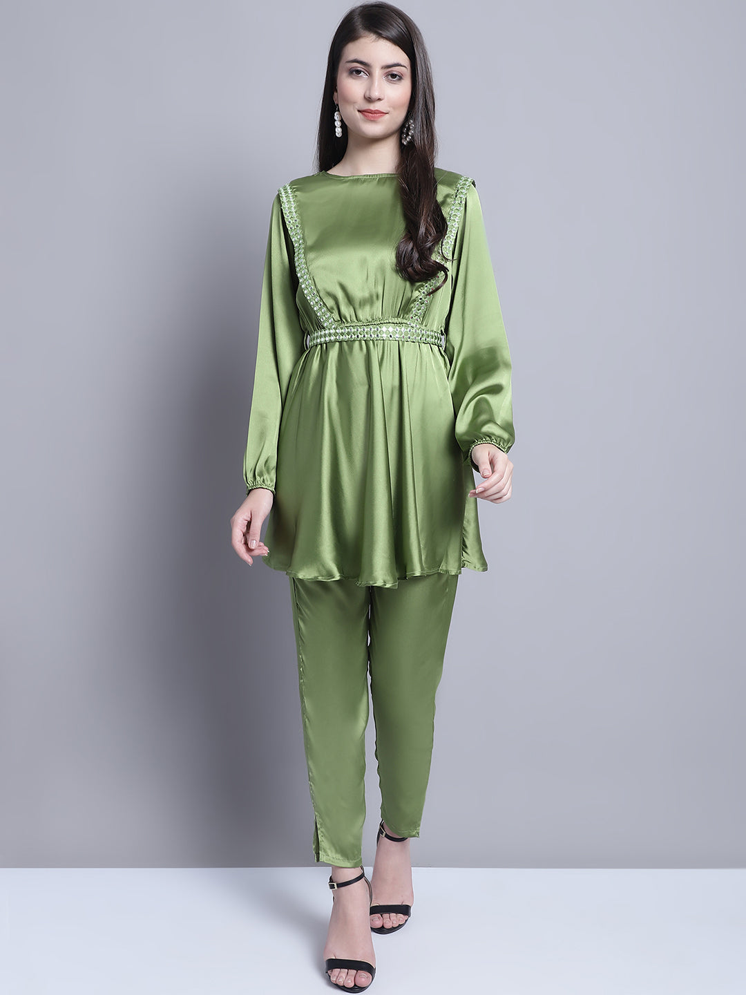 Womens Embroidered A Line Top And Trouser With Belt