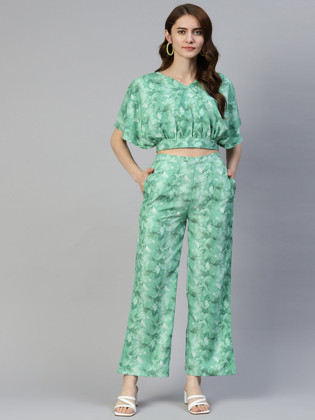 Women Green Printed Crop Top With Palazzos