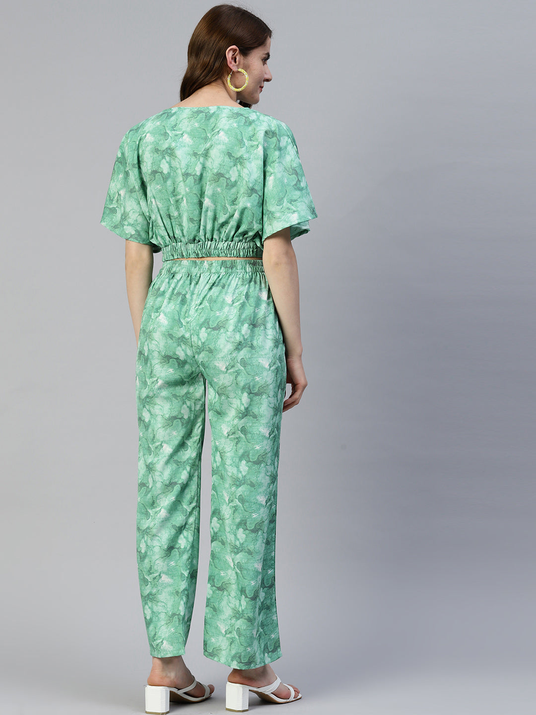 Women Green Printed Crop Top With Palazzos