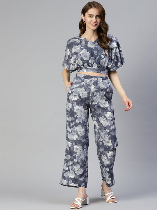 Women Grey Printed Crop Top With Palazzos