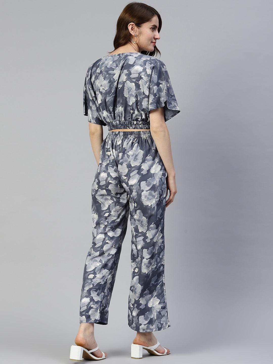 Women Grey Printed Crop Top With Palazzos