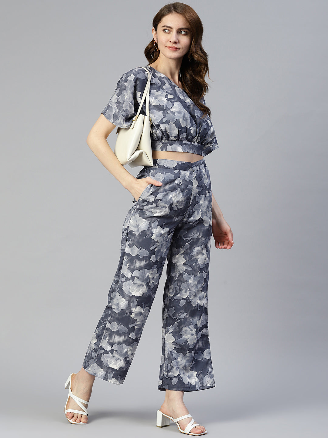 Women Grey Printed Crop Top With Palazzos