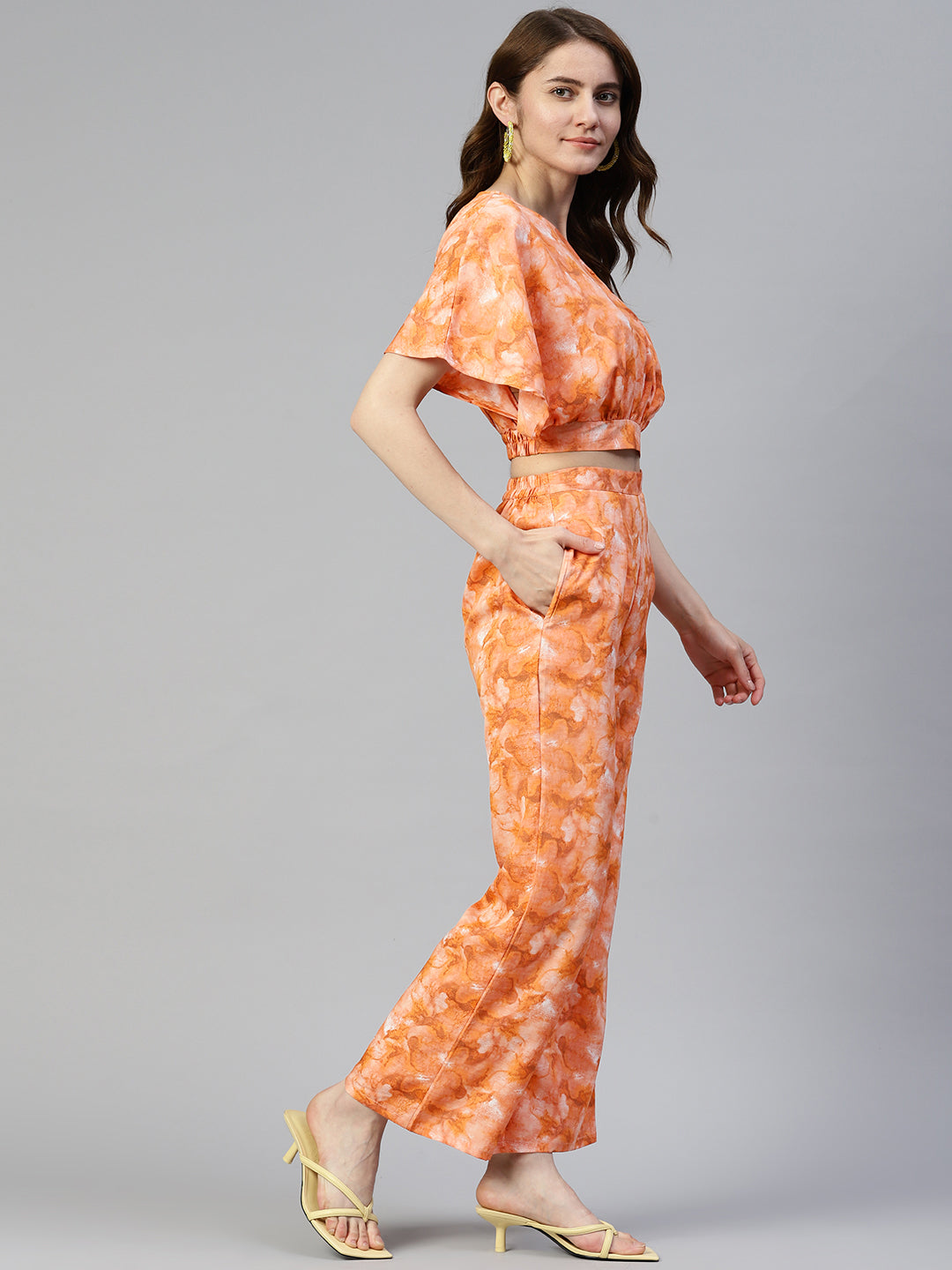 Women Orange Printed Crop Top With Palazzos