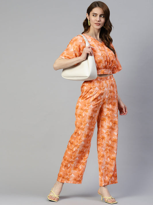 Women Orange Printed Crop Top With Palazzos