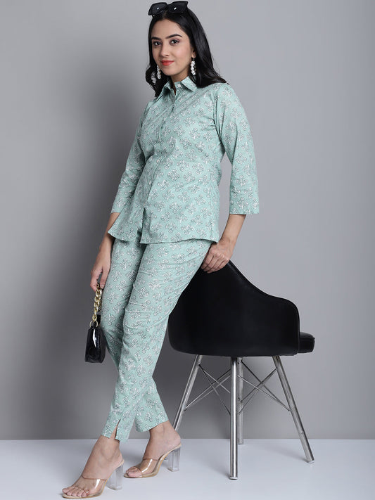 Womens Lime Green Printed Shirt And Trouser Co Ords Set