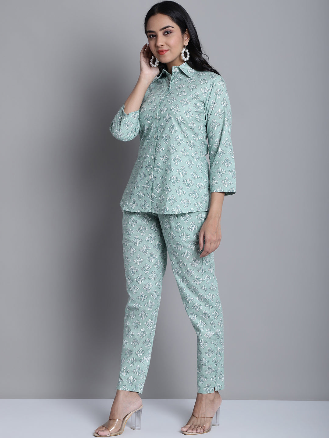 Womens Lime Green Printed Shirt And Trouser Co Ords Set