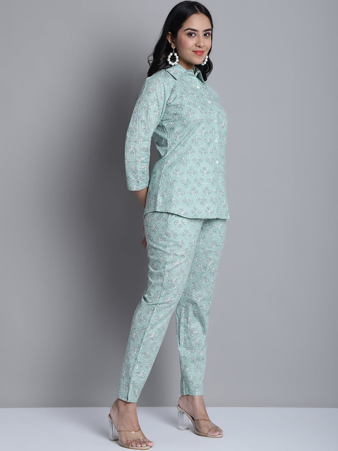 Womens Lime Green Printed Shirt And Trouser Co Ords Set