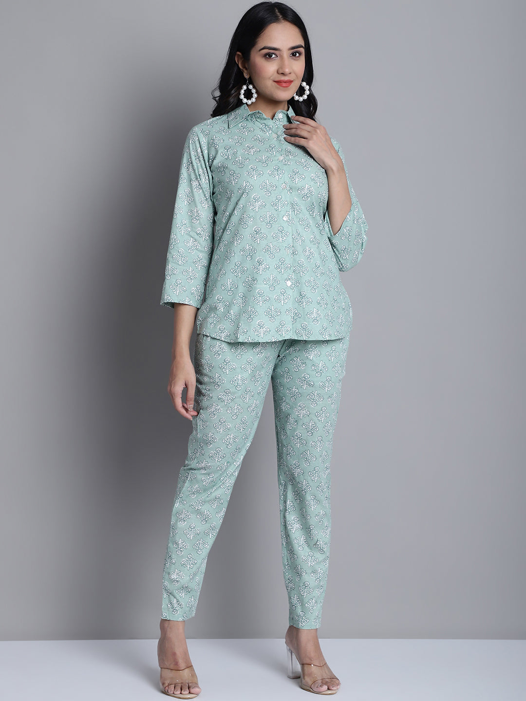 Womens Lime Green Printed Shirt And Trouser Co Ords Set