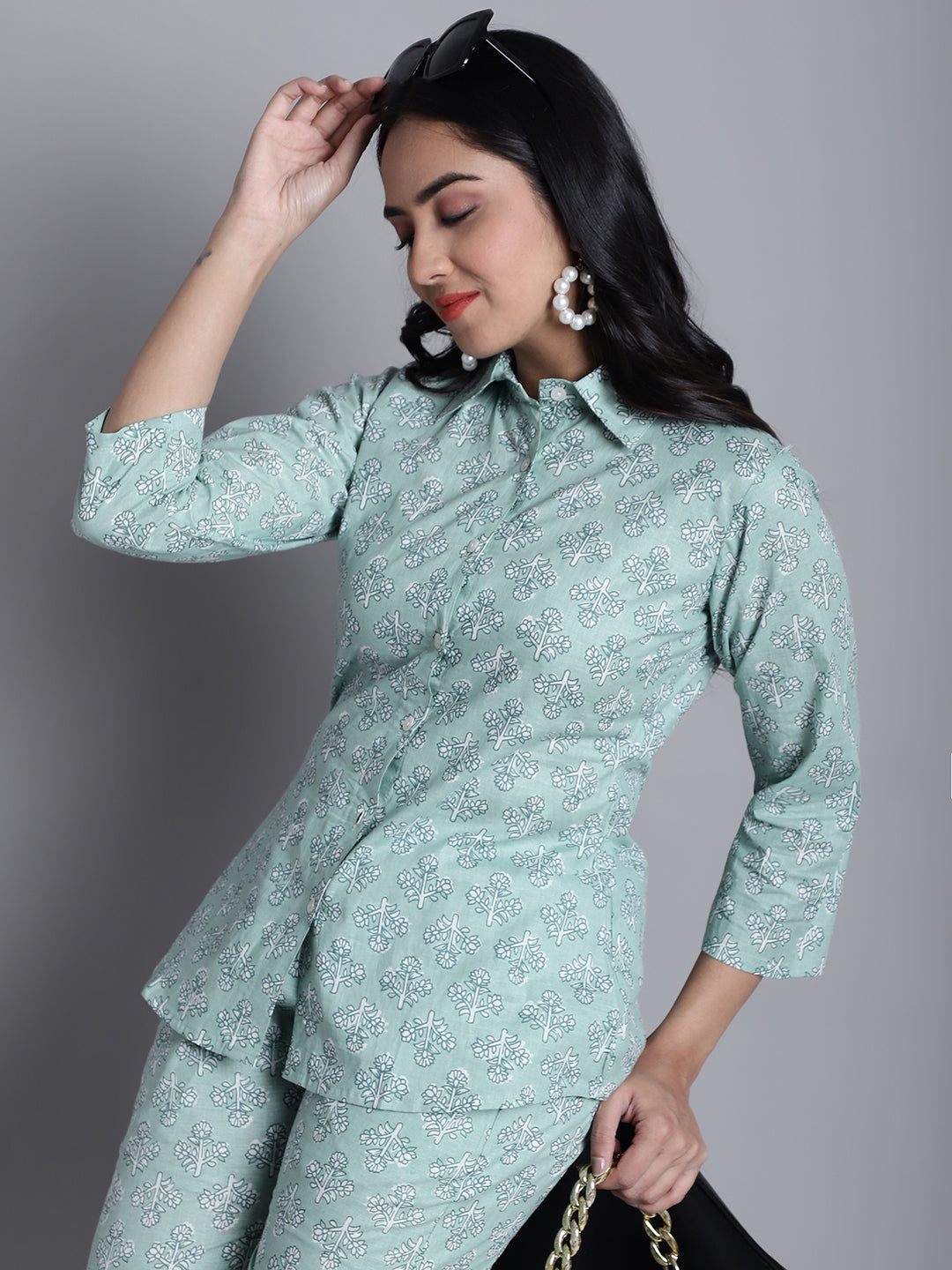 Womens Lime Green Printed Shirt And Trouser Co Ords Set