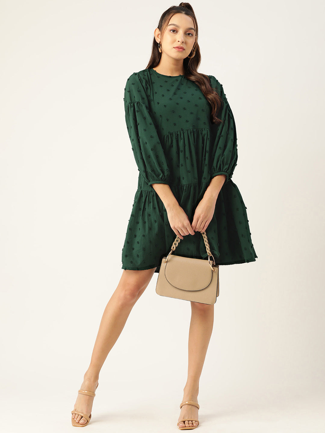 Women Georgette Puff Sleeves Tiered Dress