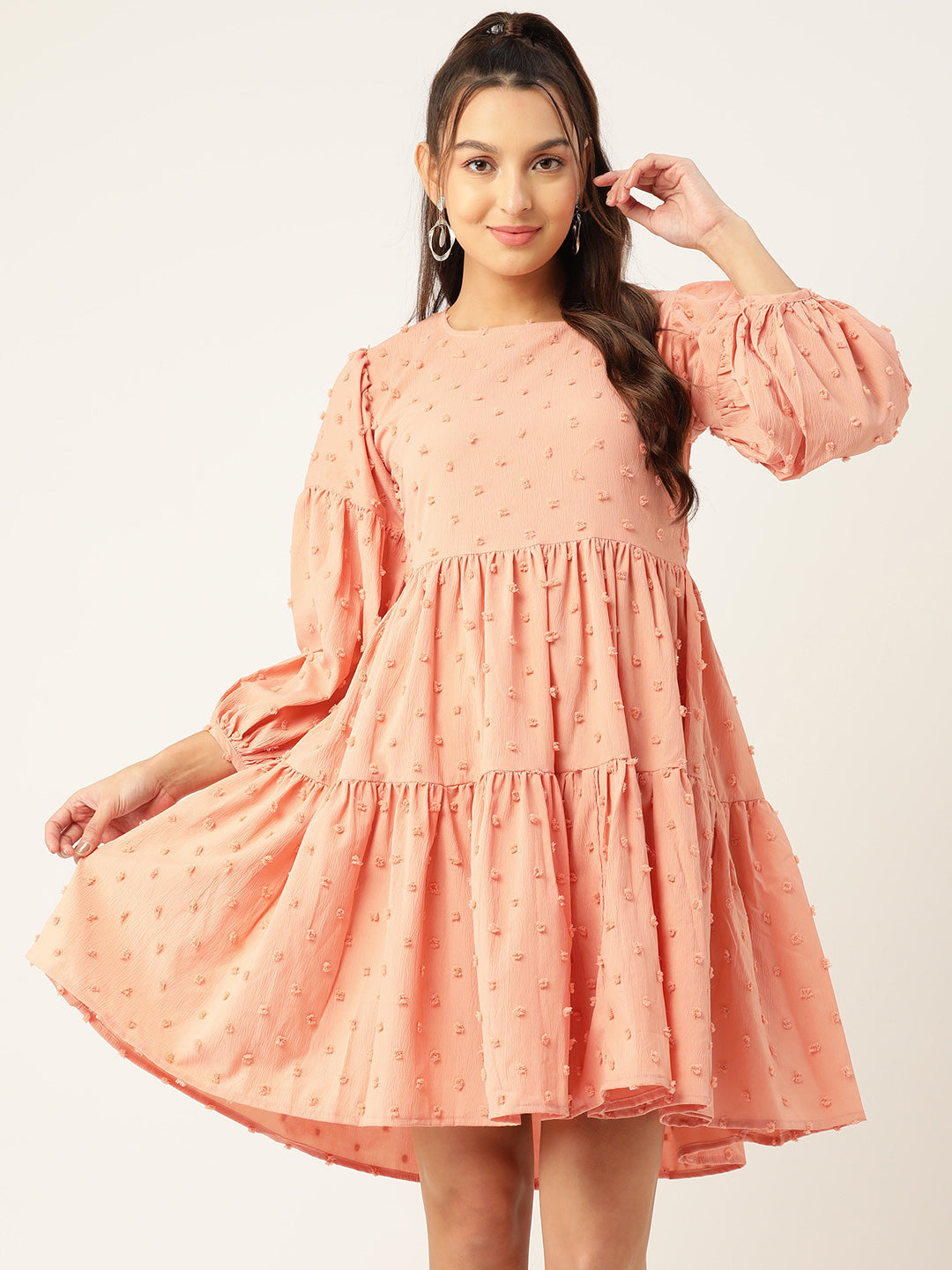 Women Georgette Puff Sleeves Tiered Dress 1