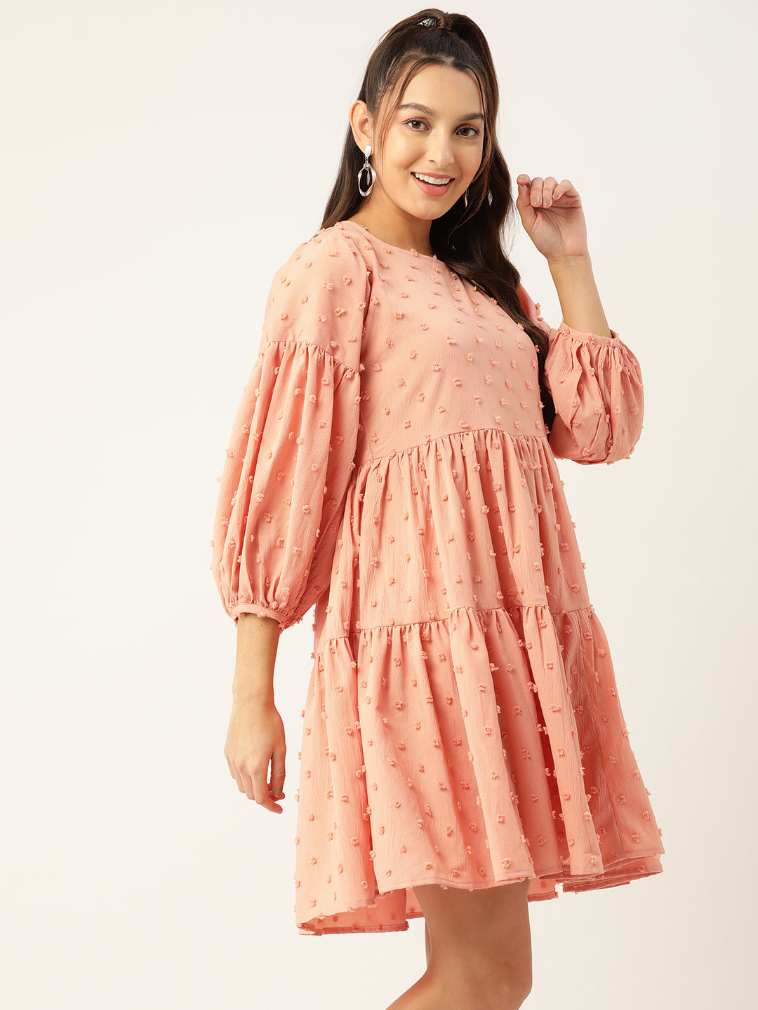 Women Georgette Puff Sleeves Tiered Dress 1