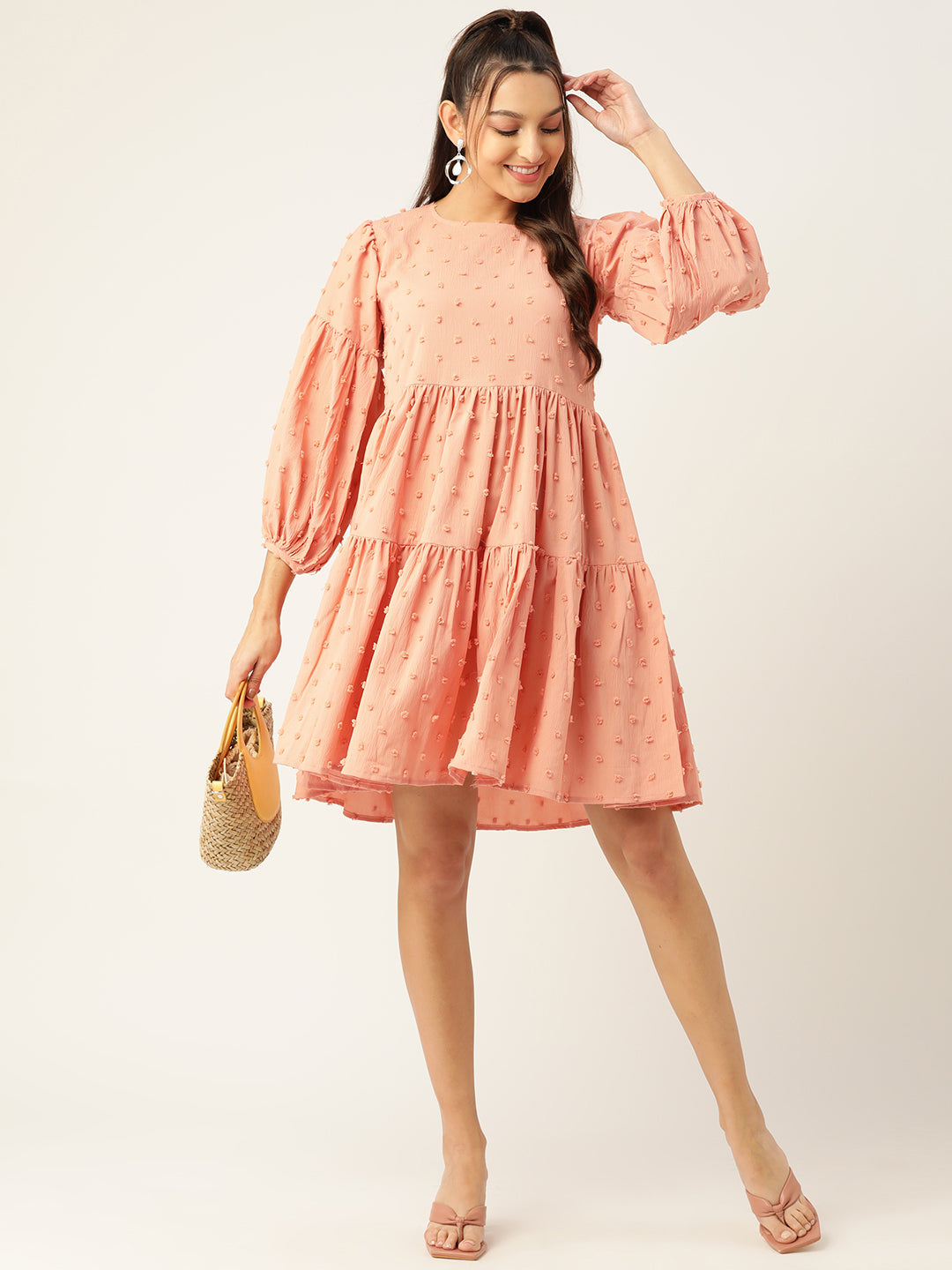 Women Georgette Puff Sleeves Tiered Dress 1