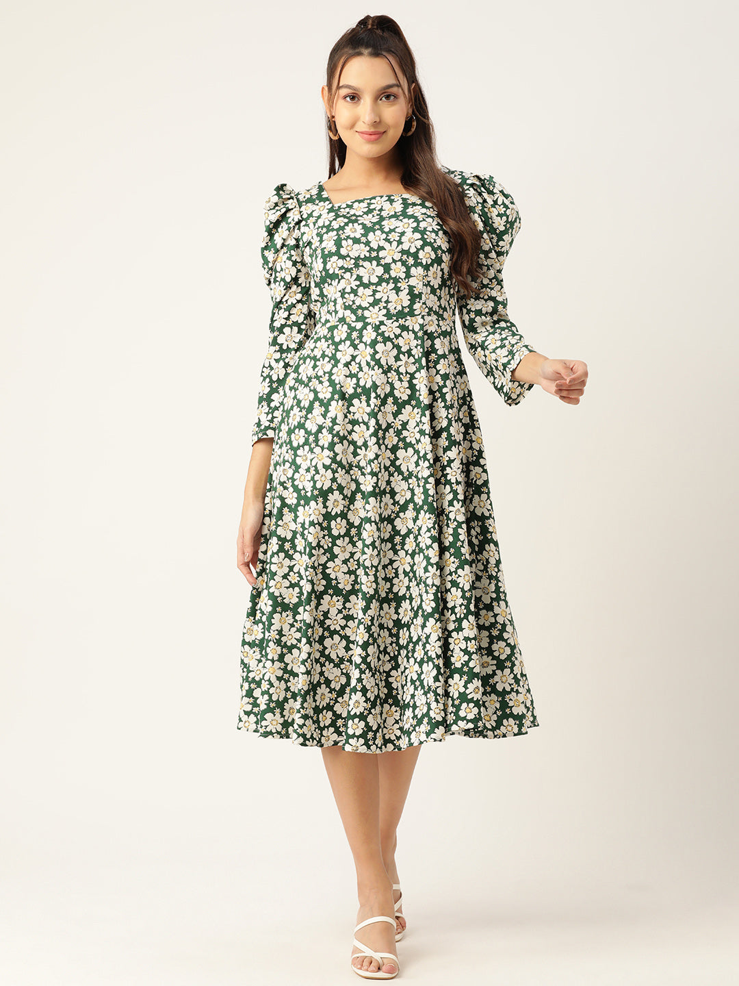 Women Floral Print Puff Sleeves Crepe Midi Dress