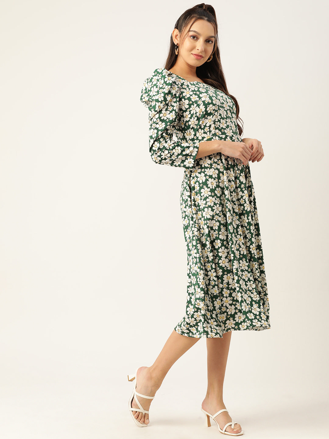Women Floral Print Puff Sleeves Crepe Midi Dress