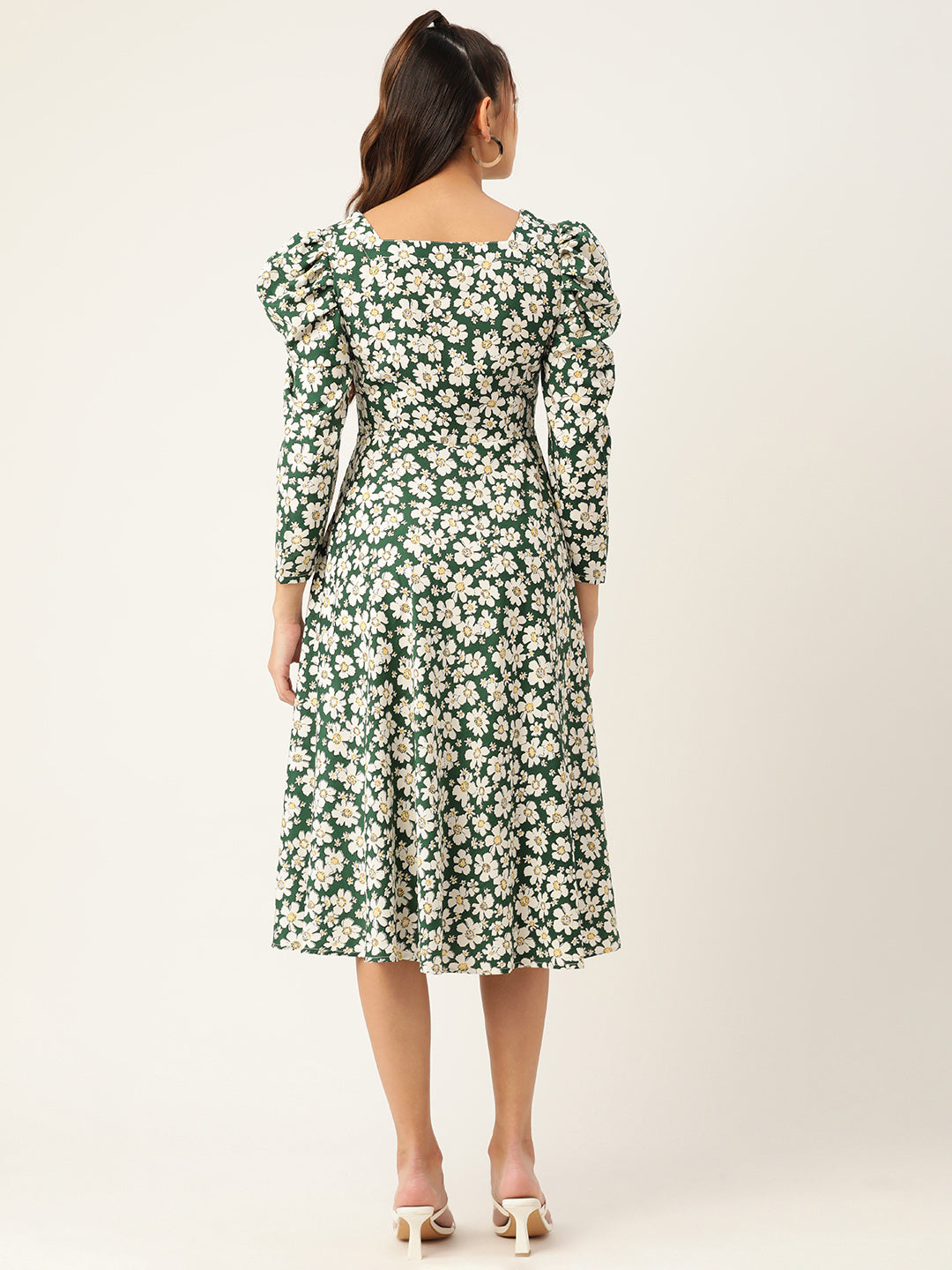 Women Floral Print Puff Sleeves Crepe Midi Dress