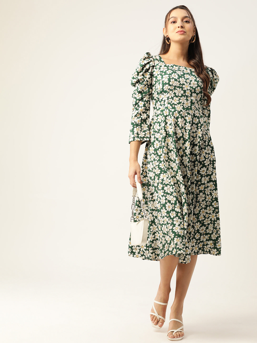 Women Floral Print Puff Sleeves Crepe Midi Dress