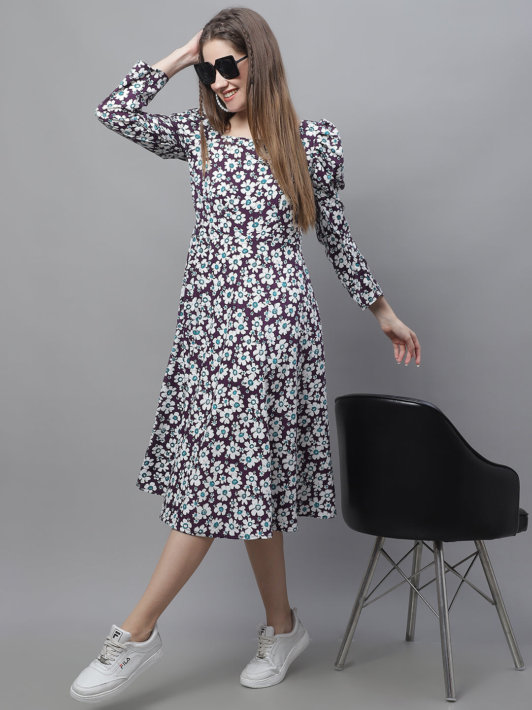 Womens Floral Print Square Neck Puff Sleeved Flaired Dress