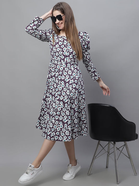 Womens Floral Print Square Neck Puff Sleeved Flaired Dress