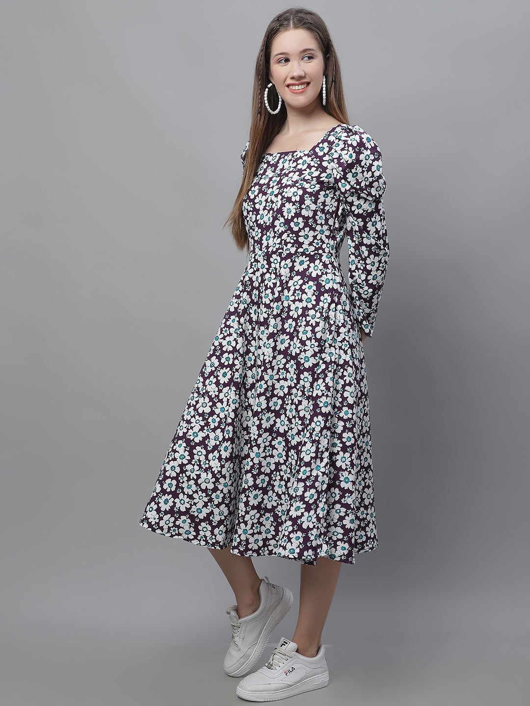 Womens Floral Print Square Neck Puff Sleeved Flaired Dress