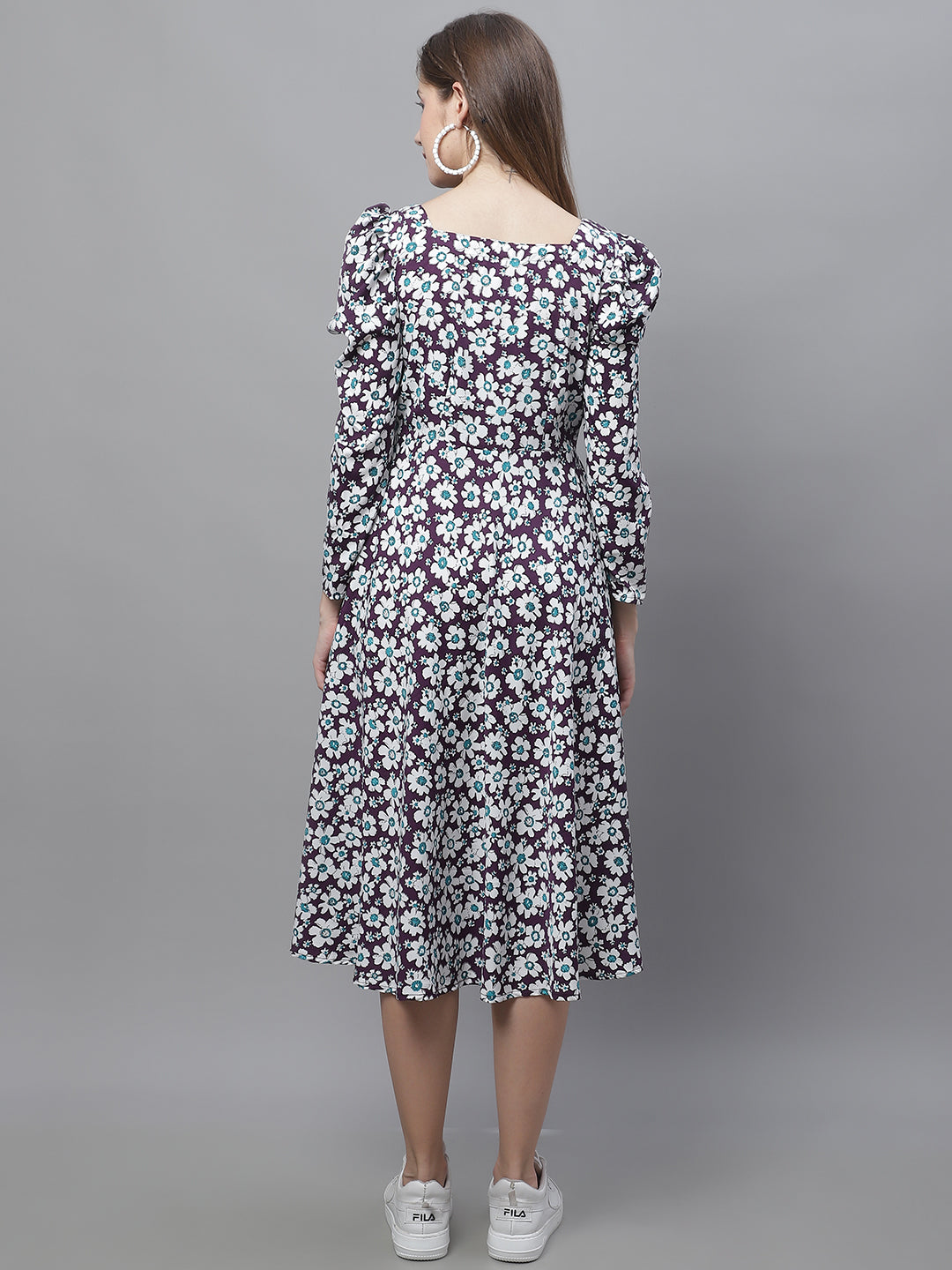 Womens Floral Print Square Neck Puff Sleeved Flaired Dress