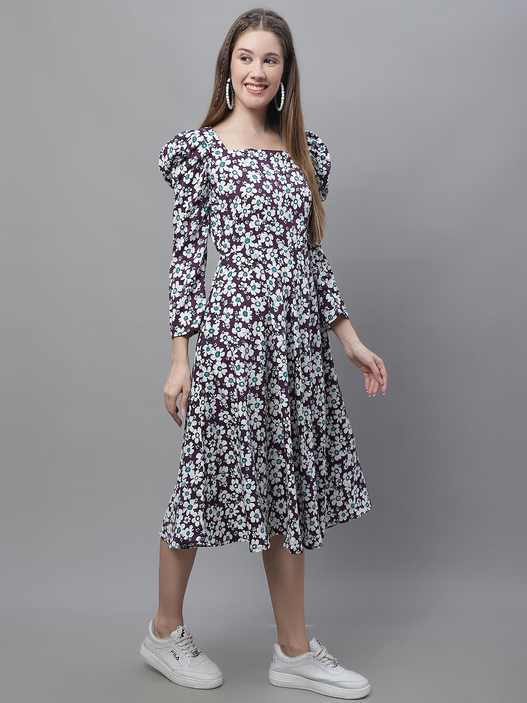 Womens Floral Print Square Neck Puff Sleeved Flaired Dress