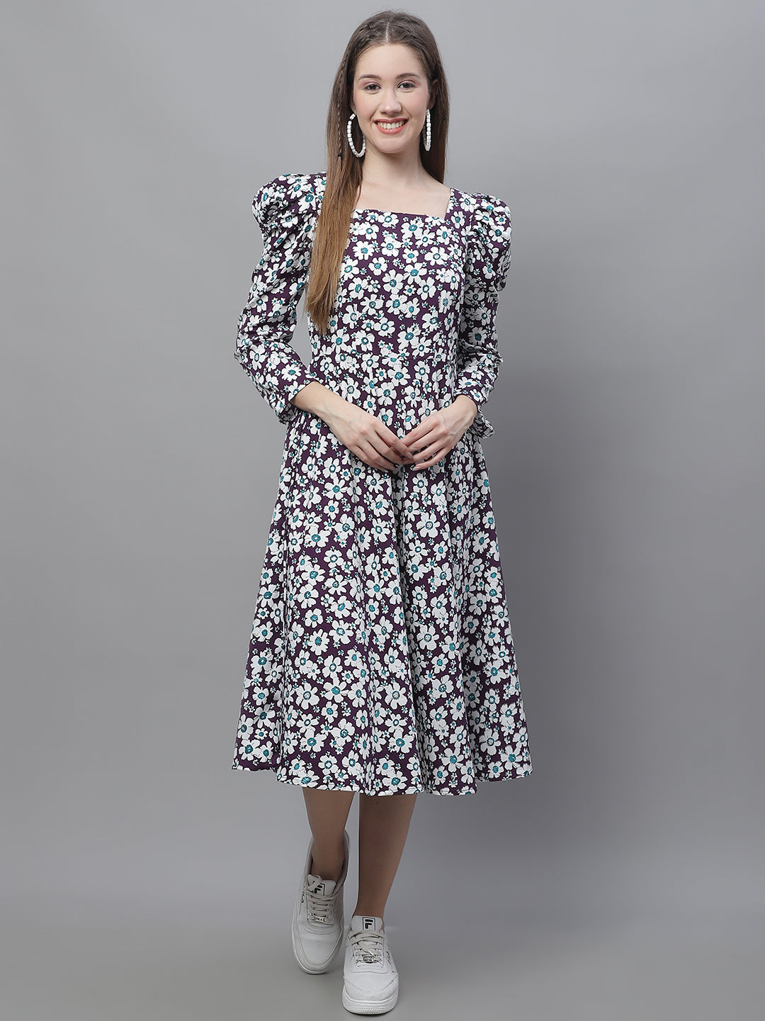 Womens Floral Print Square Neck Puff Sleeved Flaired Dress