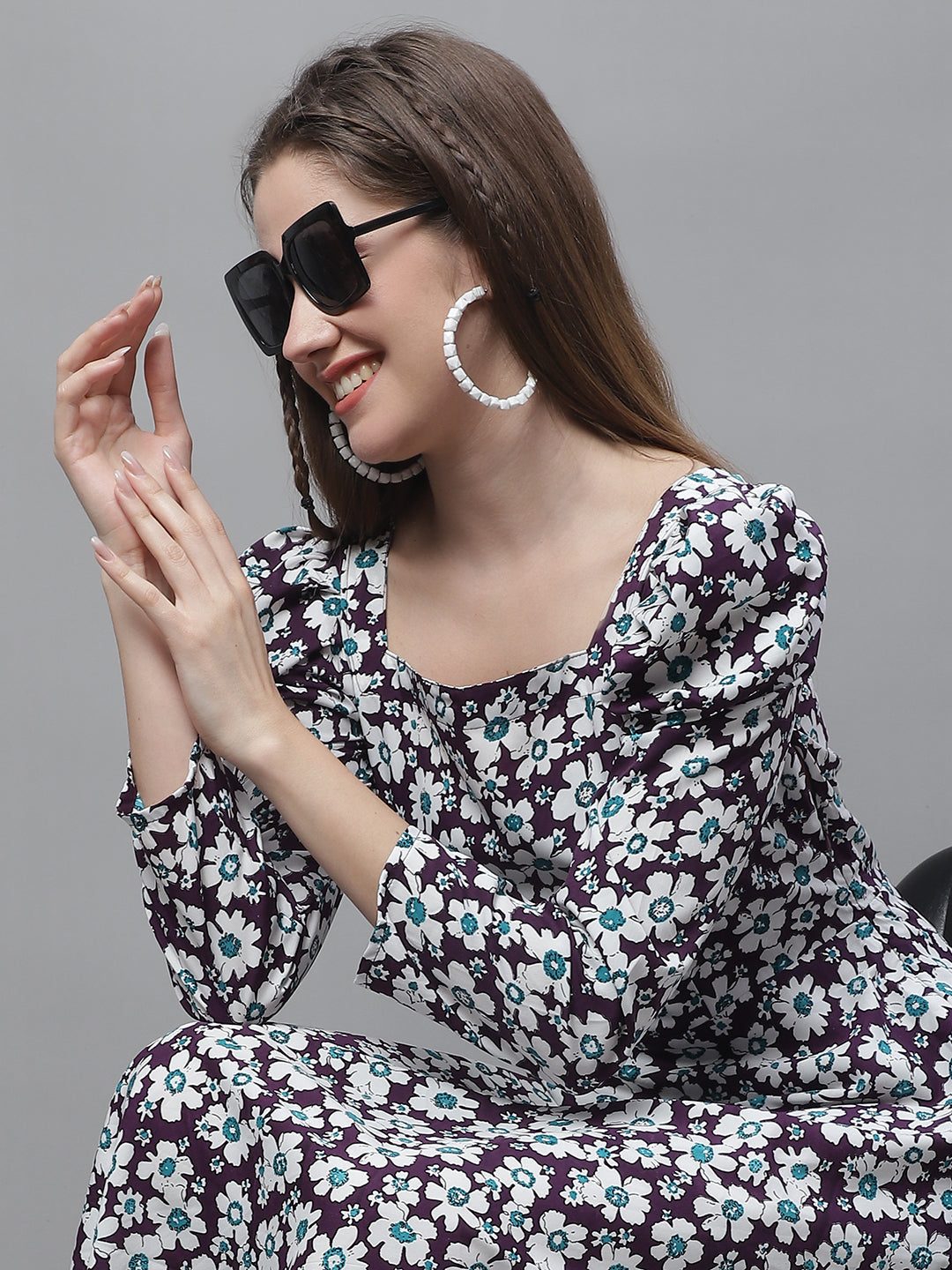 Womens Floral Print Square Neck Puff Sleeved Flaired Dress