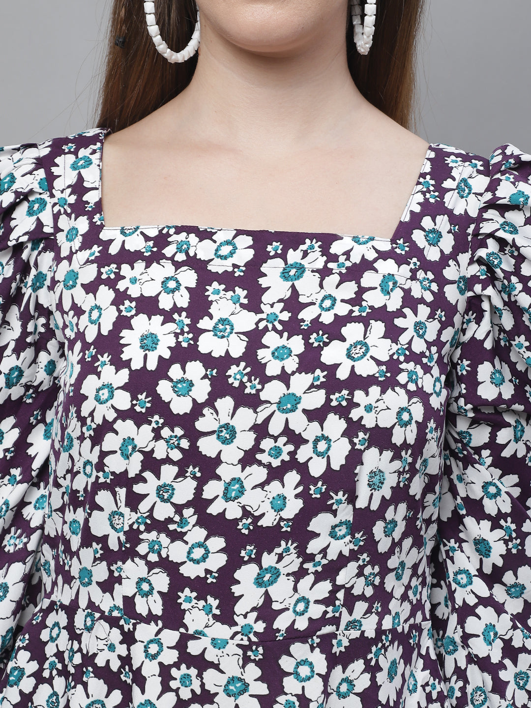 Womens Floral Print Square Neck Puff Sleeved Flaired Dress