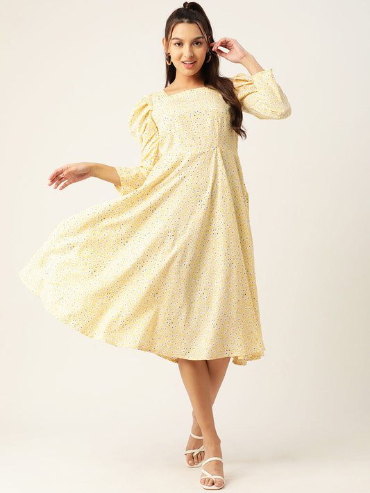 Women Floral Print Puff Sleeves Crepe Midi Dress 1
