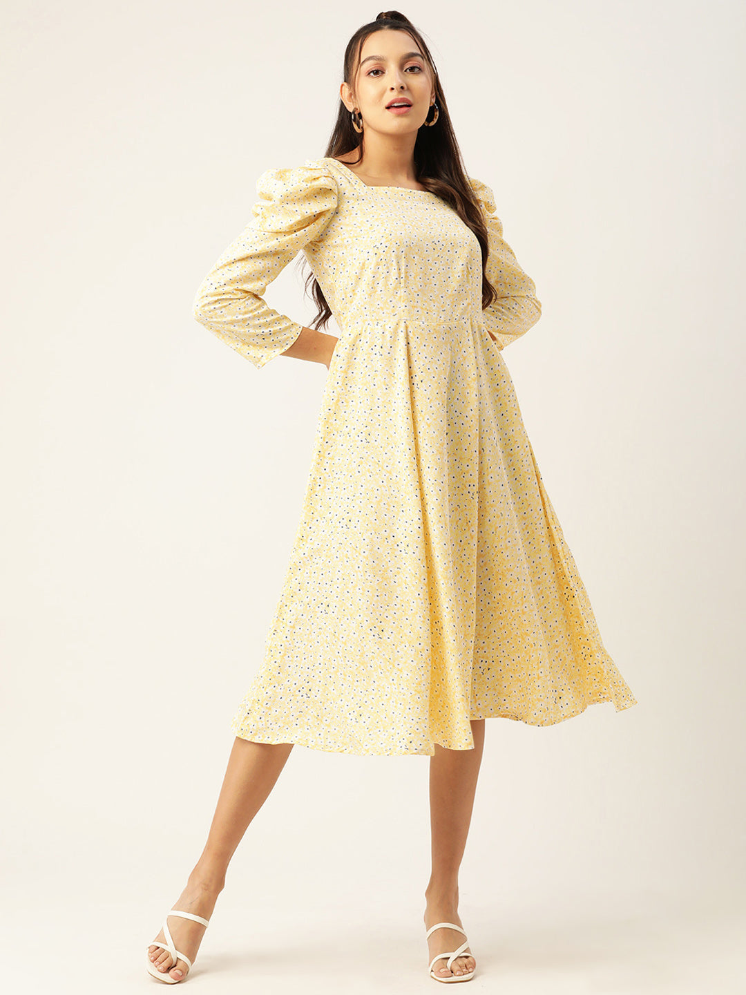 Women Floral Print Puff Sleeves Crepe Midi Dress 1