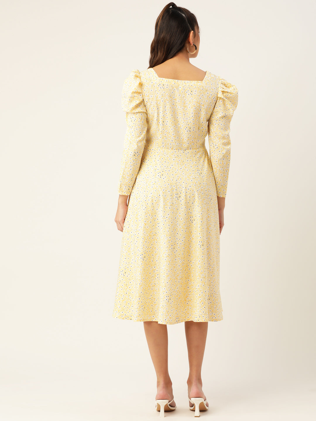 Women Floral Print Puff Sleeves Crepe Midi Dress 1