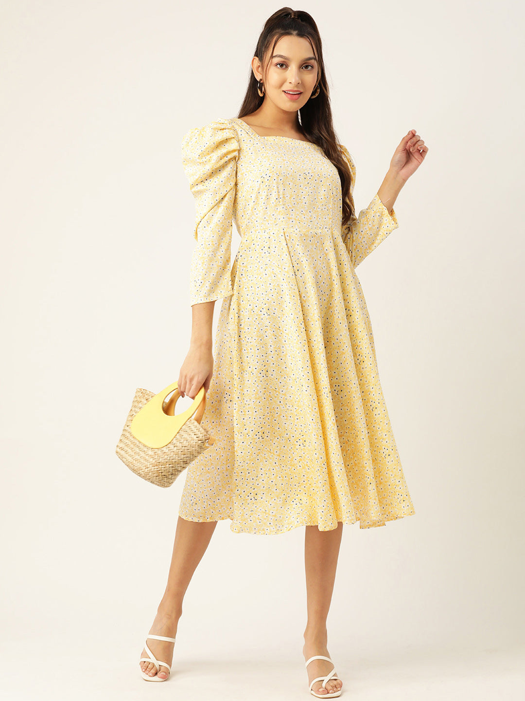 Women Floral Print Puff Sleeves Crepe Midi Dress 1