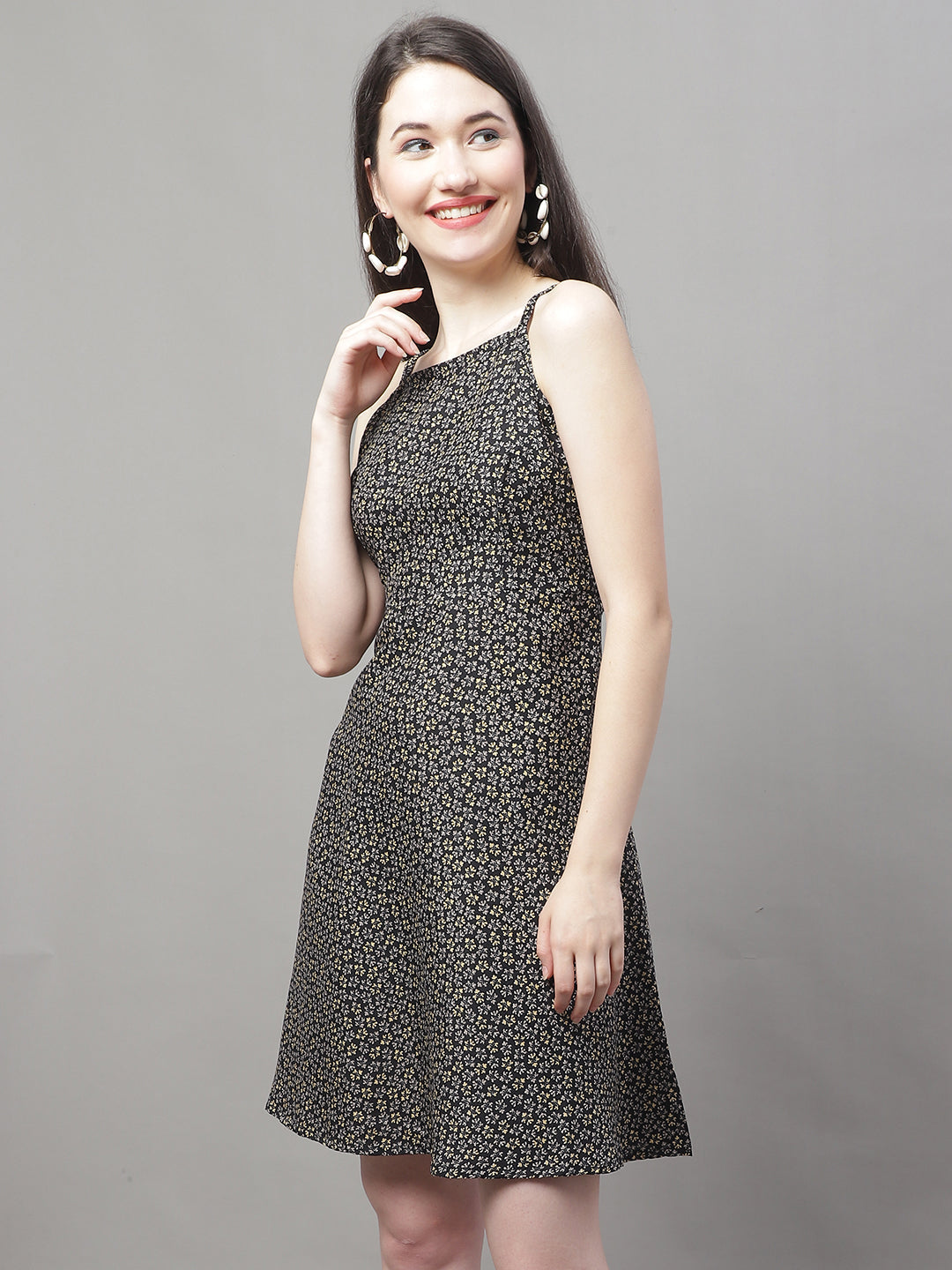 Women Peach Floral Printed A Line Dresses
