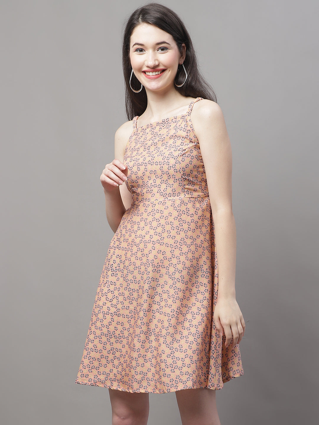 Women Peach Floral Printed A Line Dresses