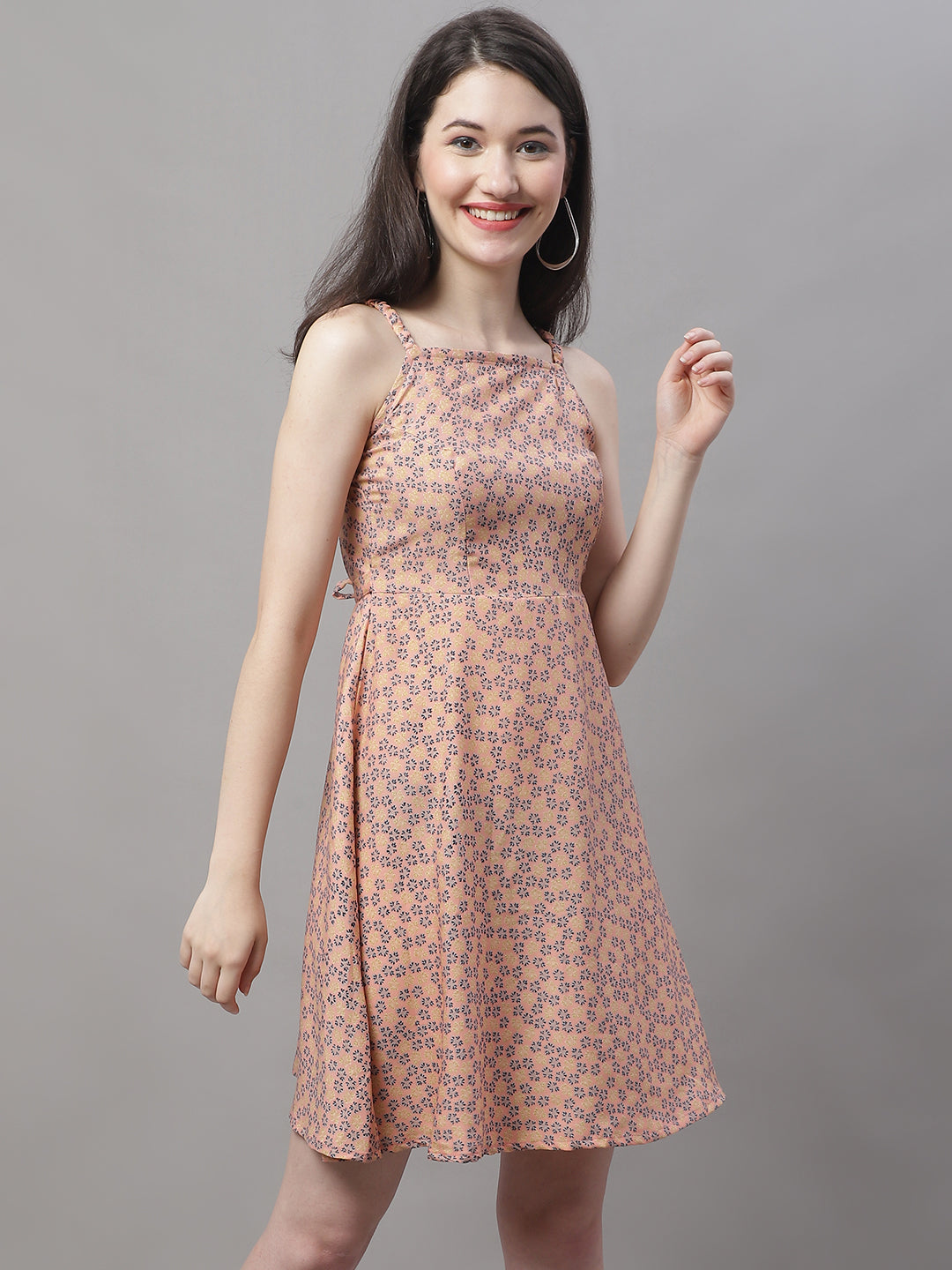 Women Peach Floral Printed A Line Dresses