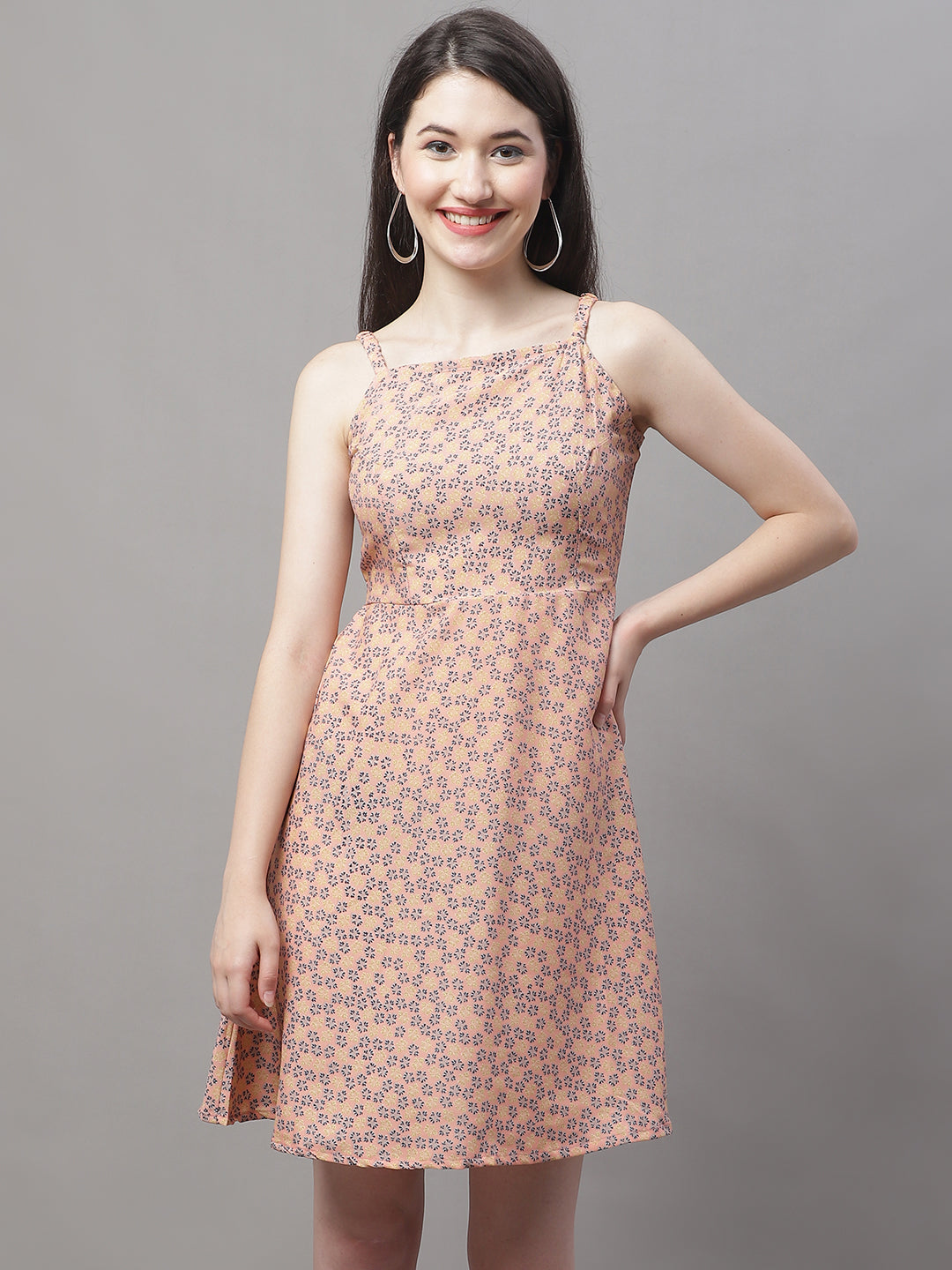 Women Peach Floral Printed A Line Dresses
