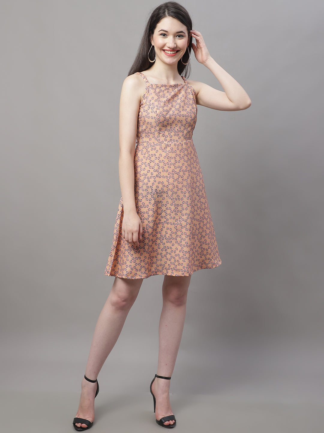 Women Peach Floral Printed A Line Dresses