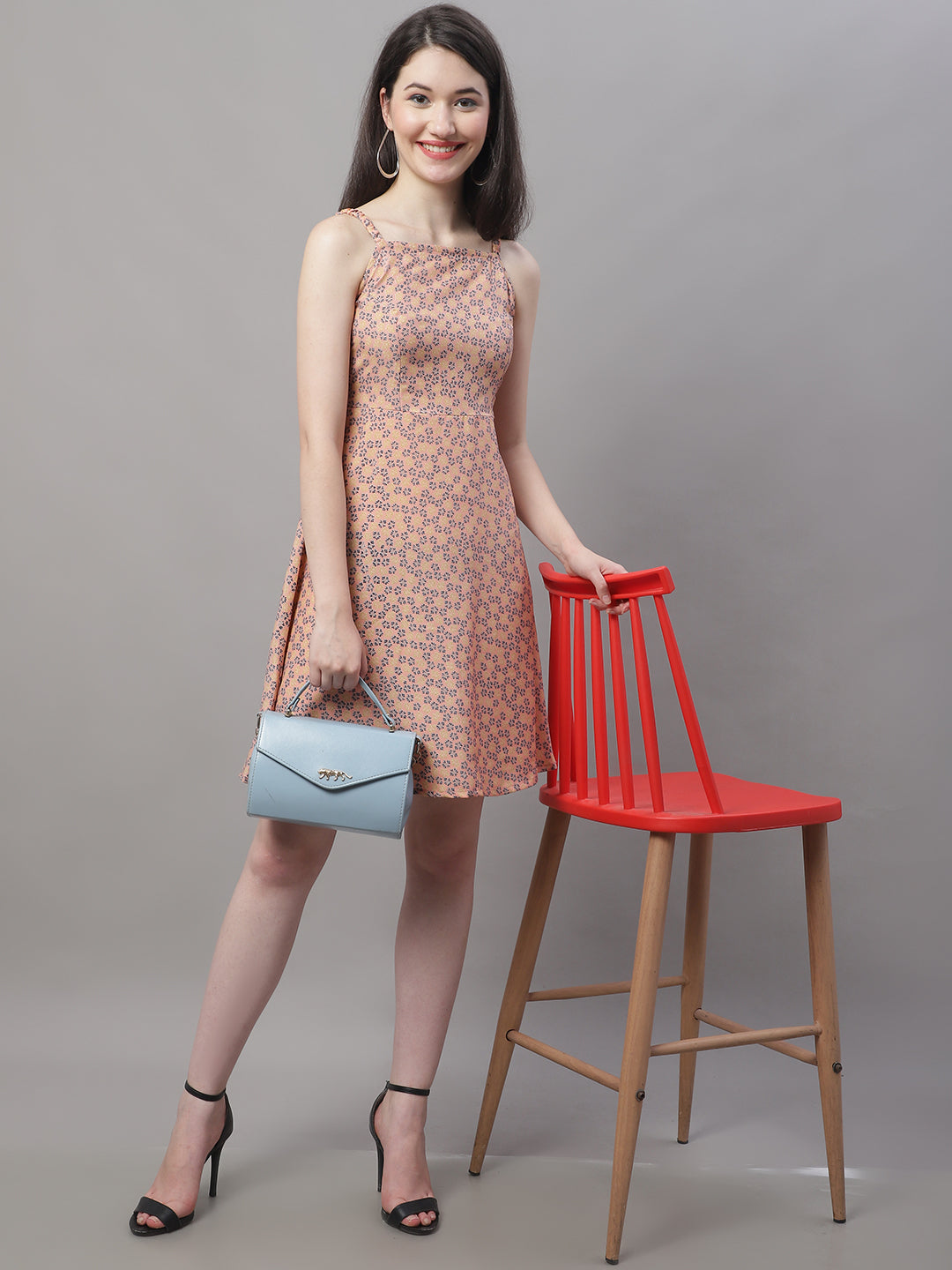 Women Peach Floral Printed A Line Dresses