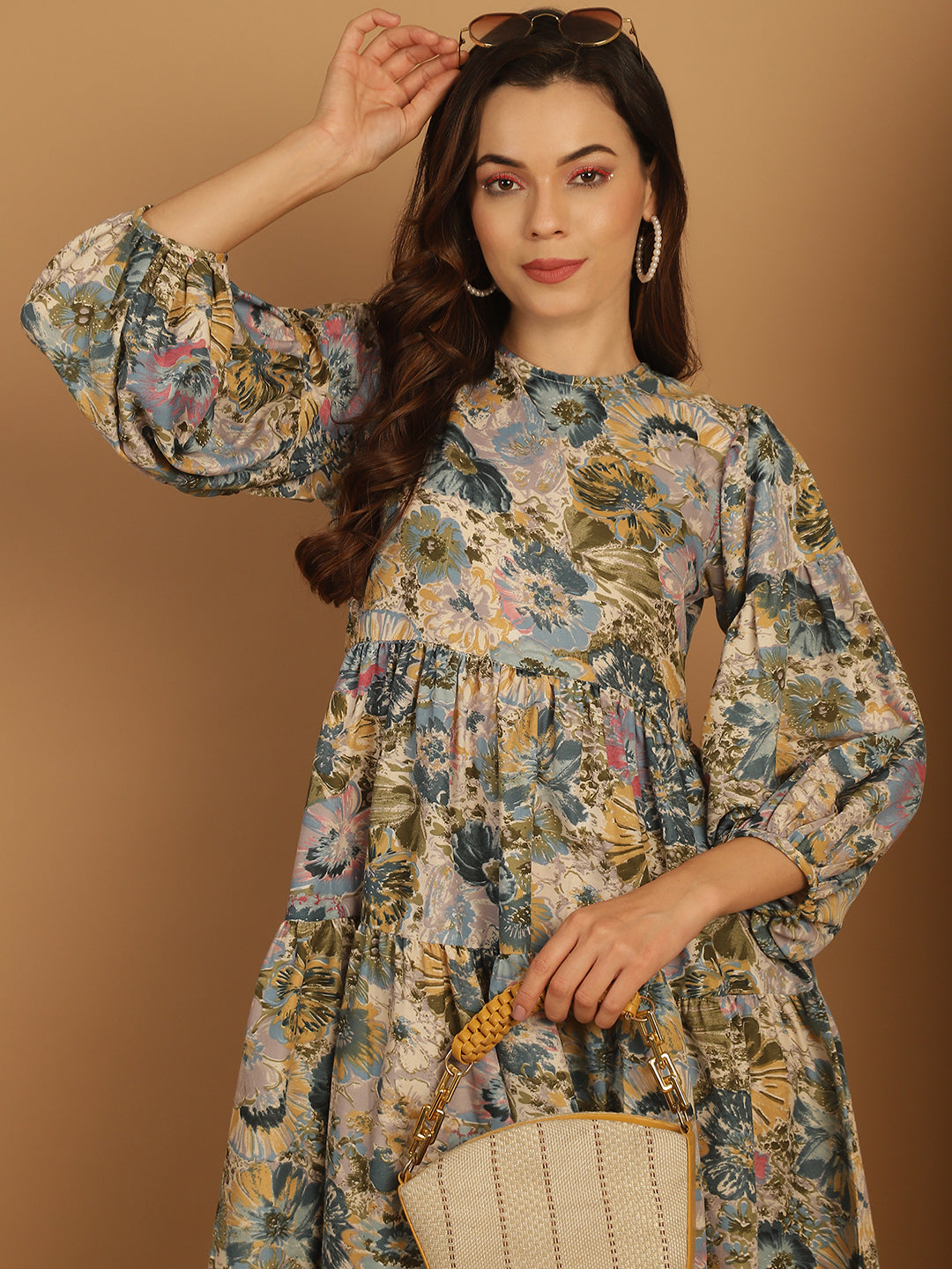 Floral Printed Puff Sleeve A Line Dress