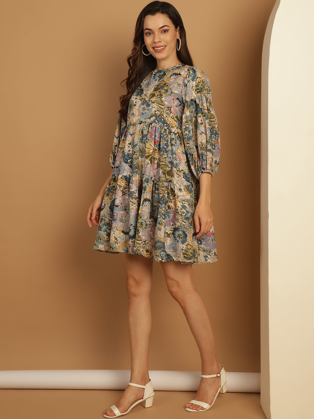Floral Printed Puff Sleeve A Line Dress