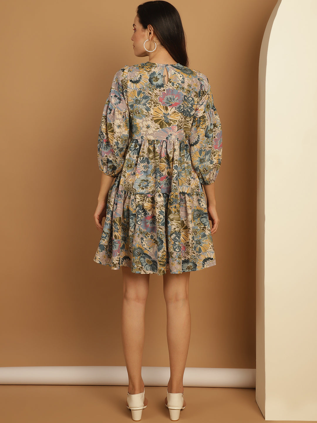 Floral Printed Puff Sleeve A Line Dress