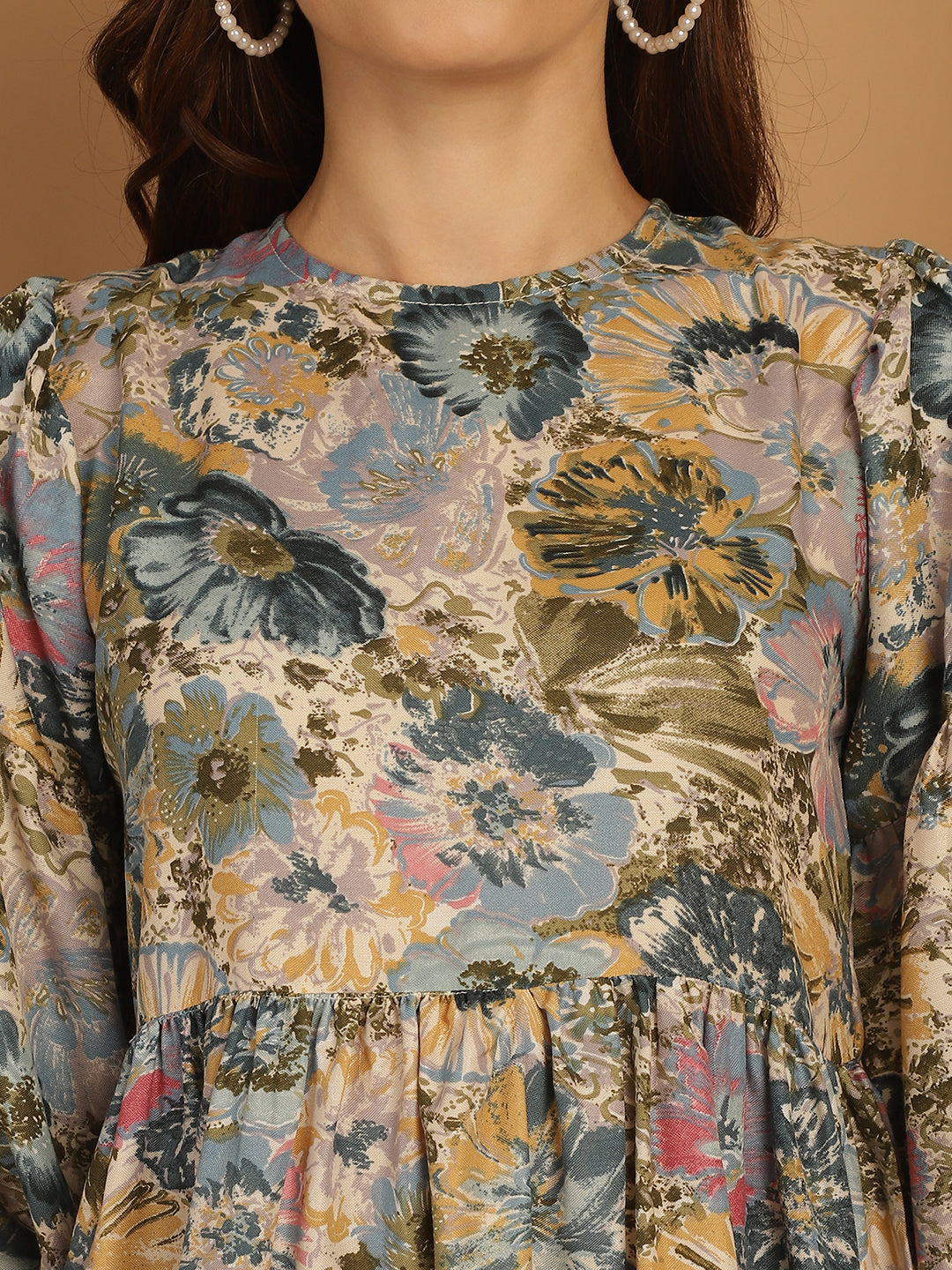Floral Printed Puff Sleeve A Line Dress