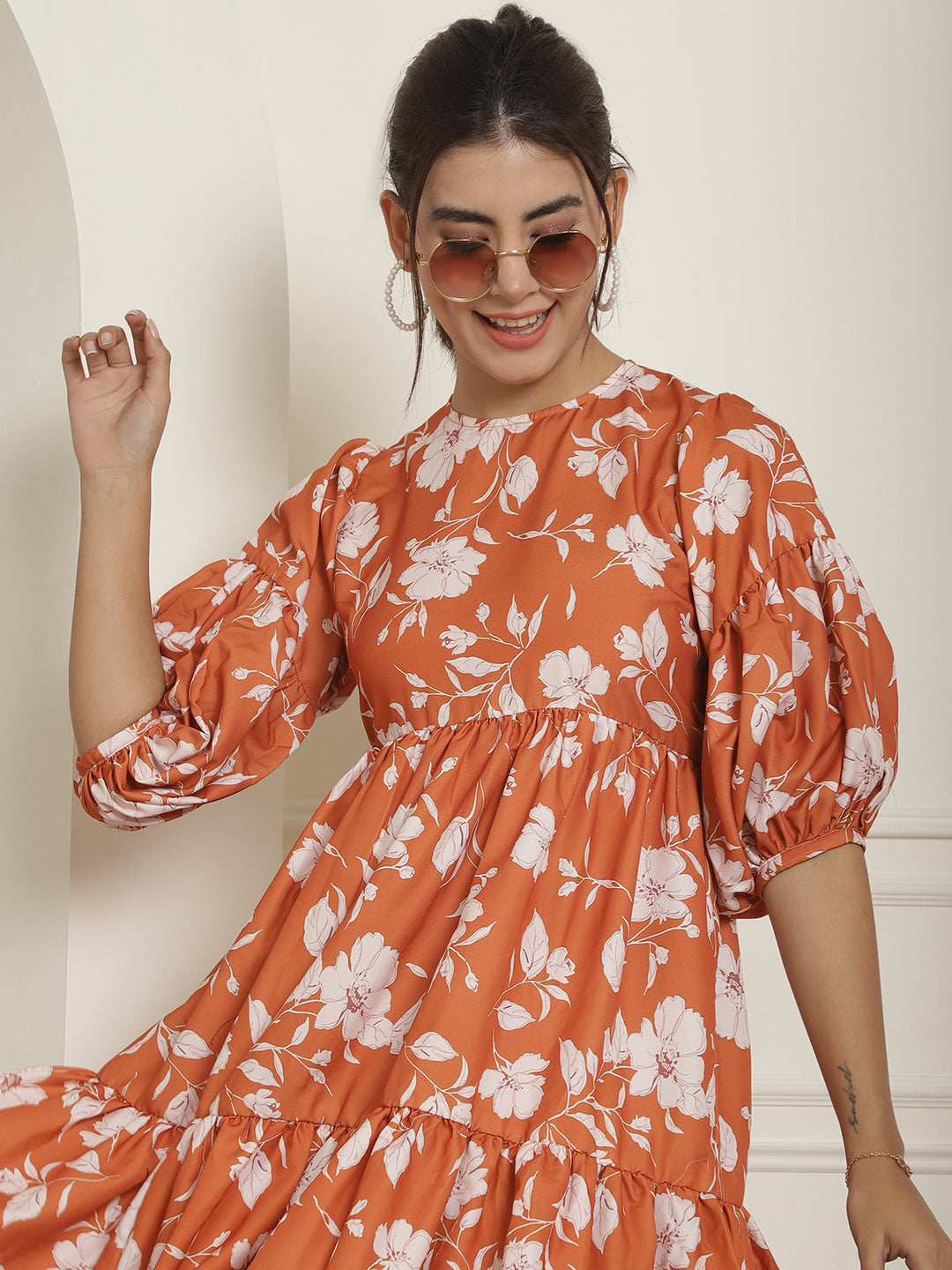 Women Mustard Printed A Line Dress